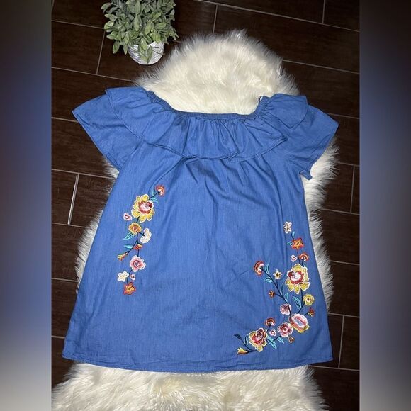 Velzera chambray floral embroidered off the shoulder tunic mini dress sz 1X - Picture 1 of 7